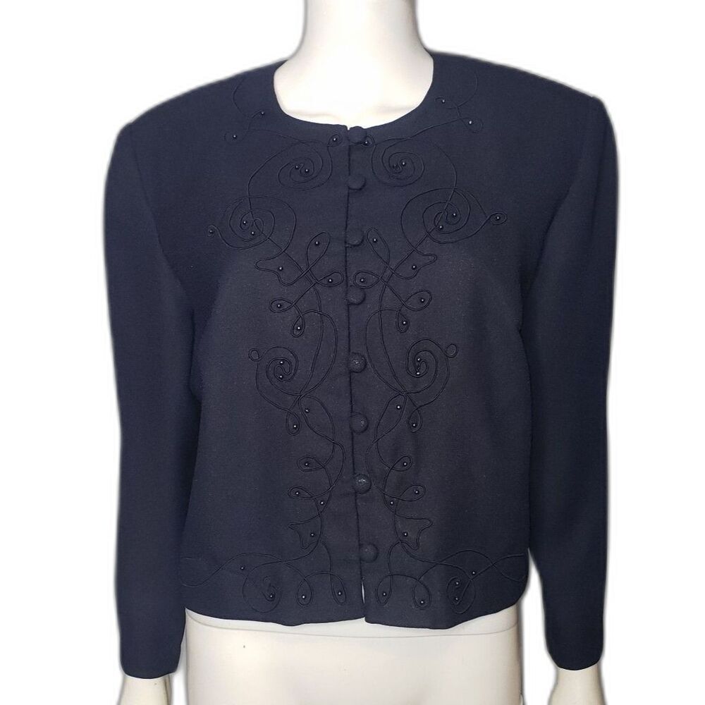 KARIN STEVENS Navy Blue Button Front Formal Top Jacket Womens Size 14